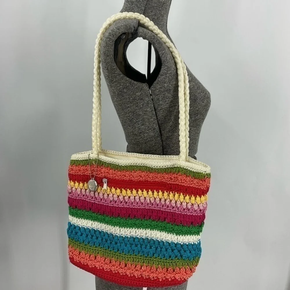 Lina Rainbow colored boho crocheted braided handle shoulder purse